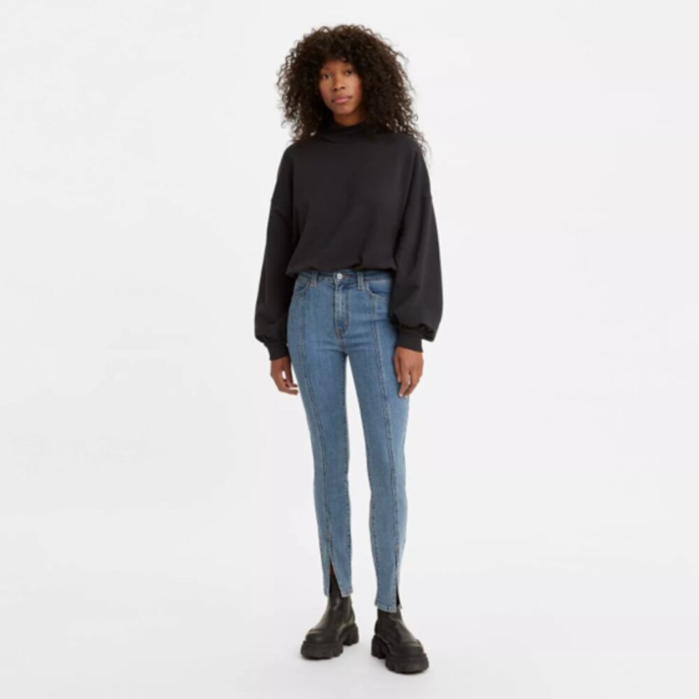 Levis 721 Skinny high rise Long Division front seam slit at bottom 33 x 30 EUC